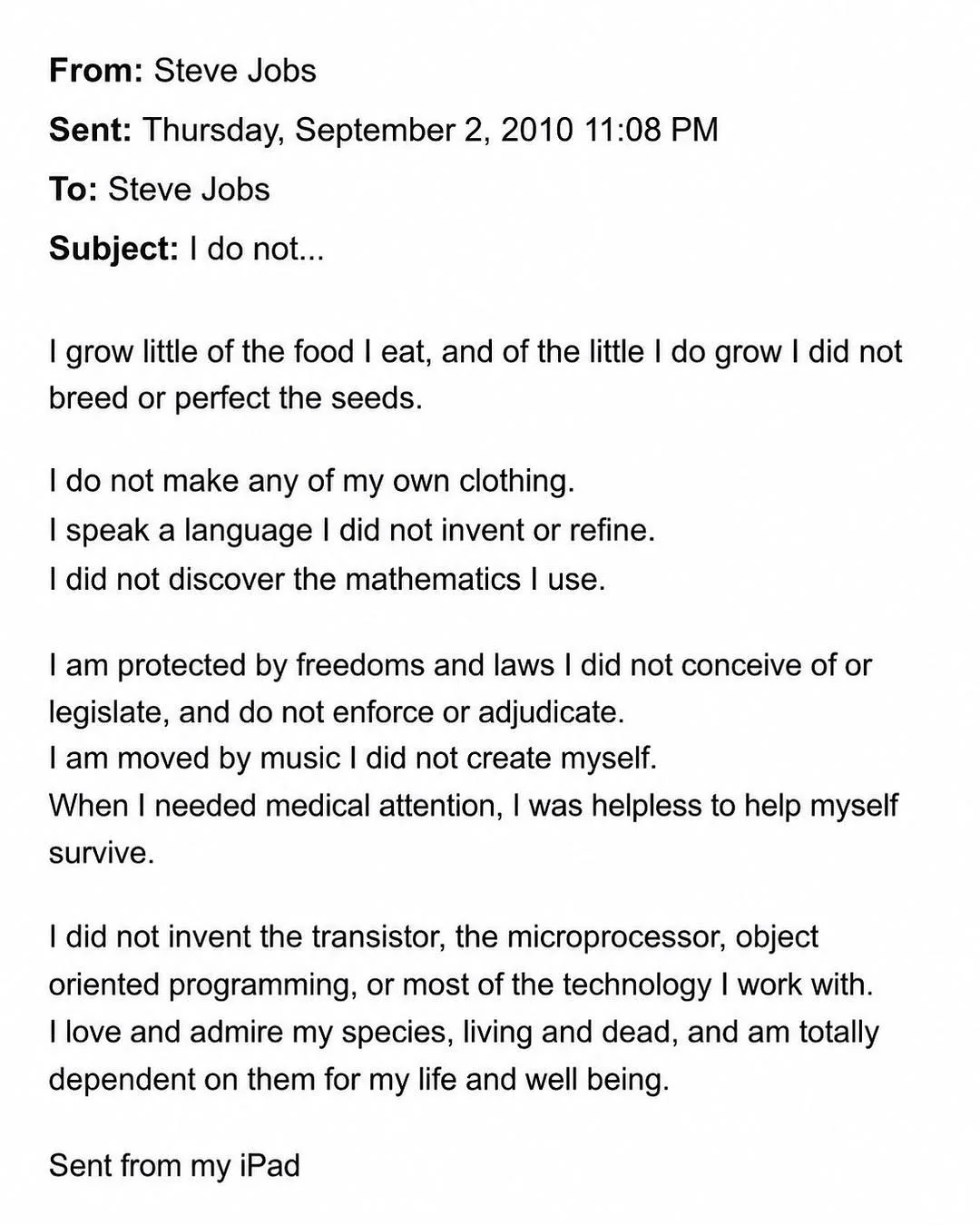 Steve Jobs email to himself, September 2010, listing everything he did not make or invent and depends on